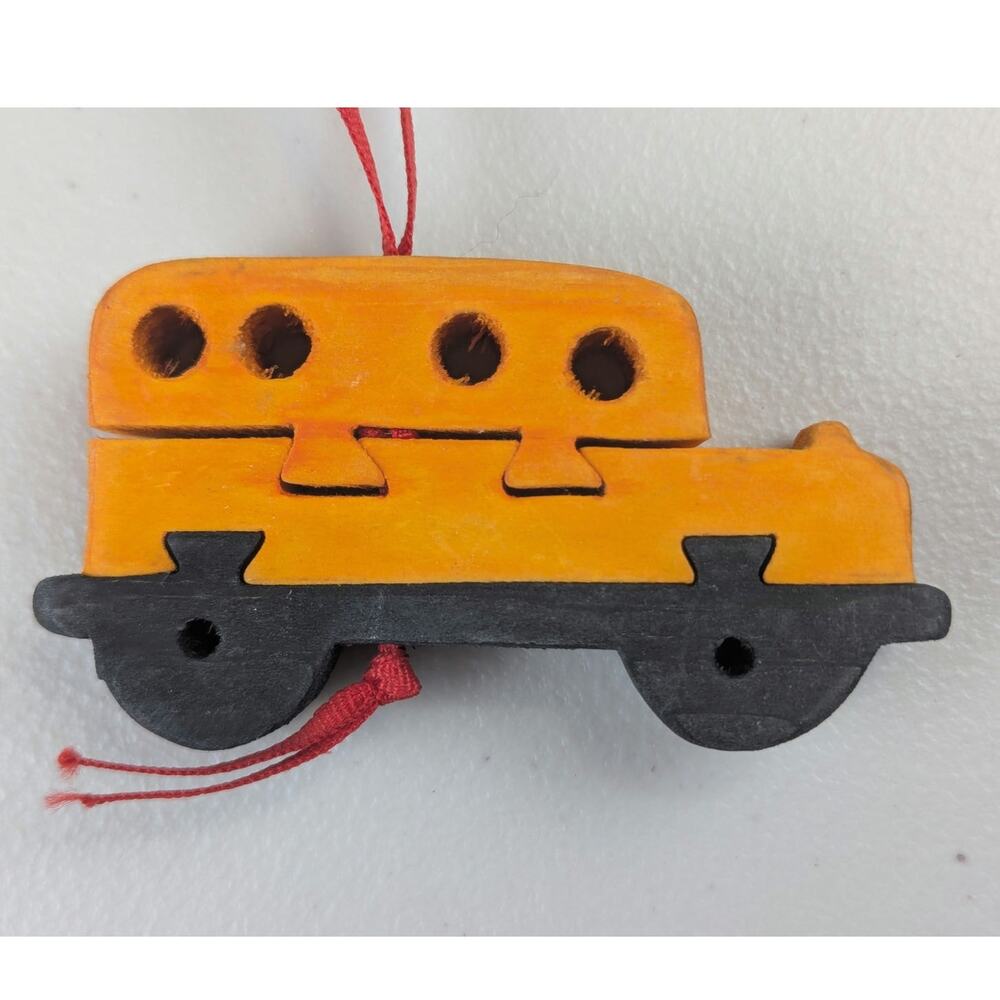 Vtg Wooden Train Ornament Puzzle Yellow Black Christmas Retro Eclectic Cottage
